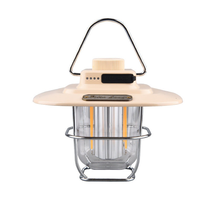 Beige Vintage LED Camping Lantern – Rechargeable, Stepless Dimming, Power Bank