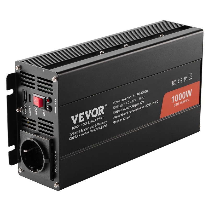 VEVOR Pure Sine Wave Inverter, 1000 Watt, DC 12V to AC 230V Power Inverter with 2 AC Outlets 2 USB Port 1 Type-C Port, Remote Control for Small Home Devices like Smartphone Laptop, CE FCC Certified