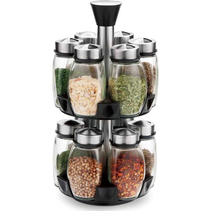 CARLA HOME Rotating Spice Rack Organizer with 16 Glass Jars for Kitchen Seasoning and Herb Storage