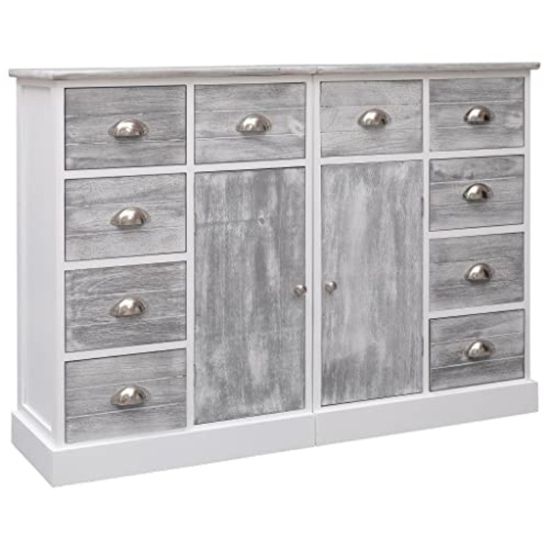 vidaXL Credenza Mobile con 10 Cassetti e Ante Robusta Pratica Tavolino Laterale Salotto Grigia 113x30x79 cm in Legno Pioppo e Paulownia