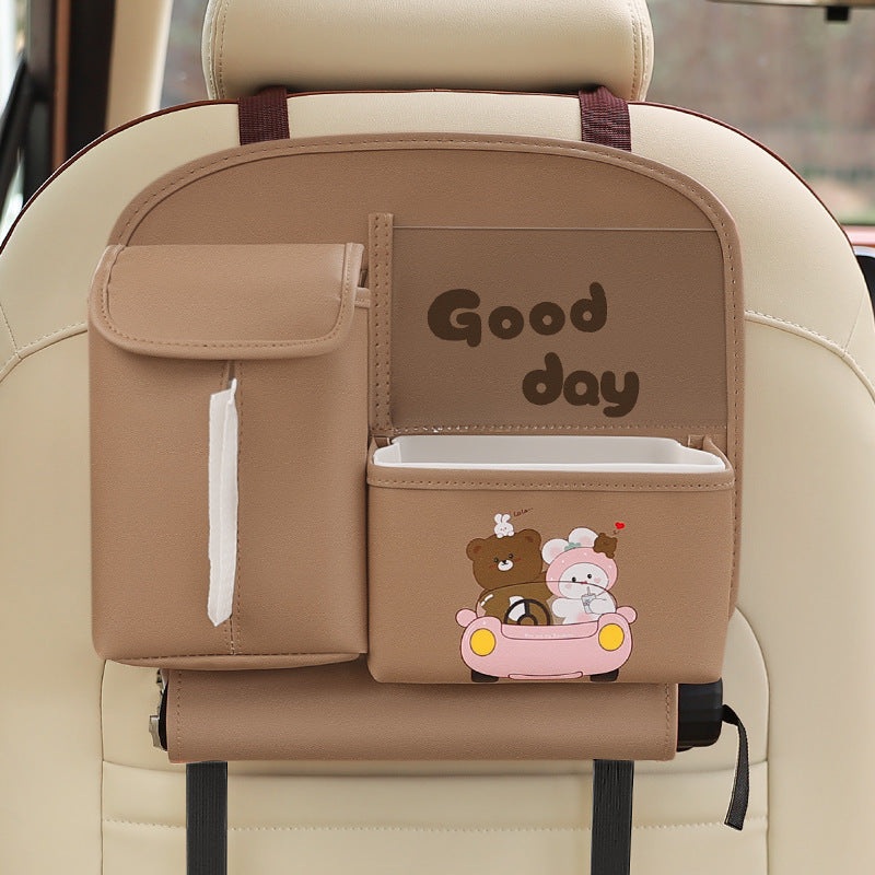 Brown Cute Cartoon Car Backseat Organizer with Multi-Pocket Storage and PP Trash Bin – 400g Lightweight PU Leather