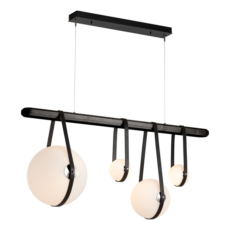 Derby Linear 4-Light LED Pendant Black Polished Nickel with Black Leather Black Wood