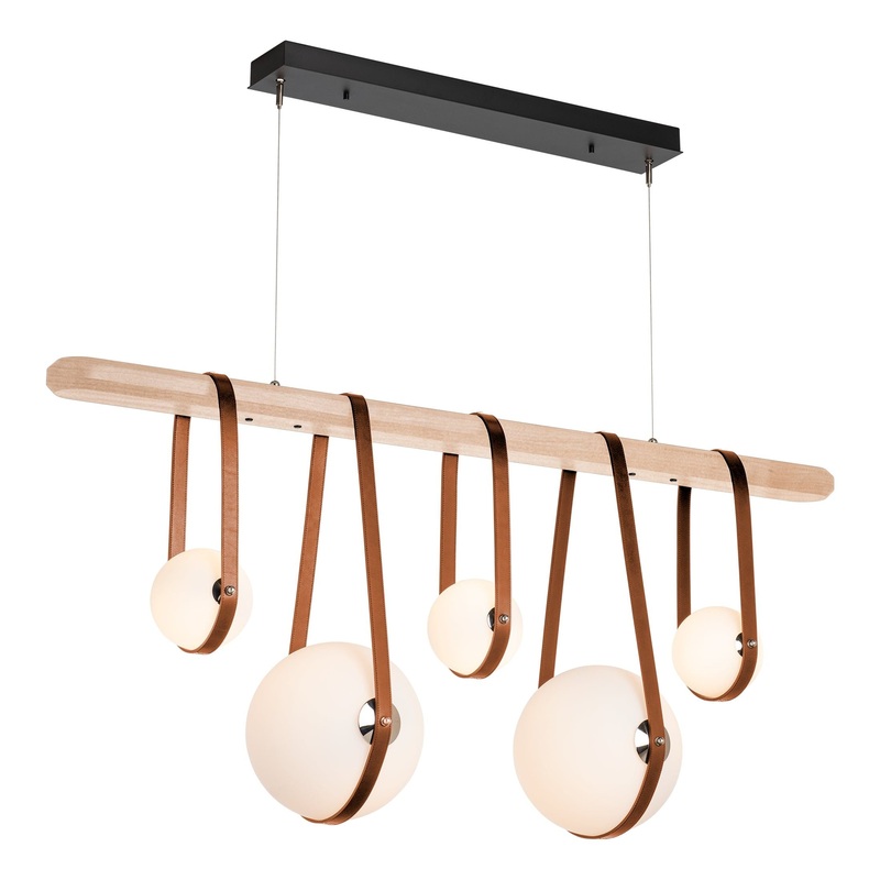 Derby Linear 5-Light LED Pendant Black Polished Nickel with Chestnut Leather Maple Wood