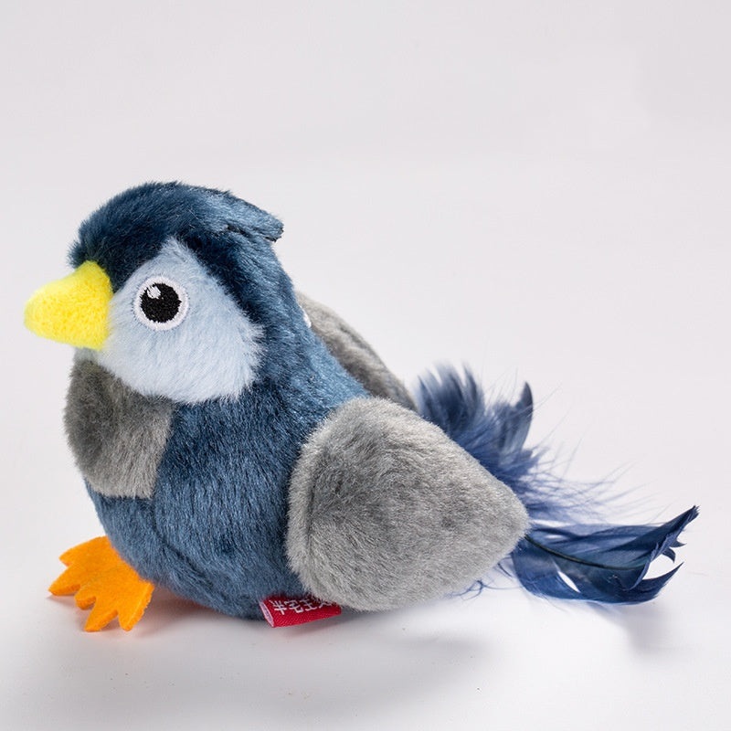 Interactive Plush Cat Toy – Lifelike Bird with Chirping Sounds and Feathers,Blue Gray