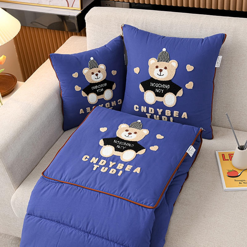 Navy Blue Cap Bear 2-in-1 Foldable Car Pillow Blanket – Cozy 40x40cm Pillow, Unfolds to 100x150cm Blanket for Travel and Office Naps