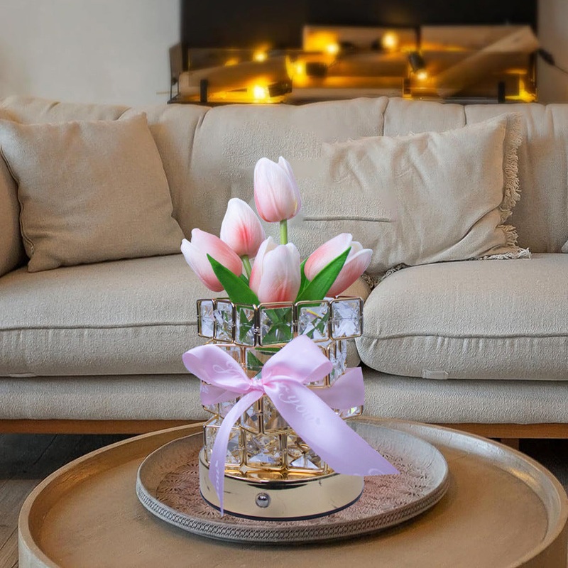 Pink tulips LED Crystal Flower Table Lamp – USB Rechargeable Touch Control Night Light