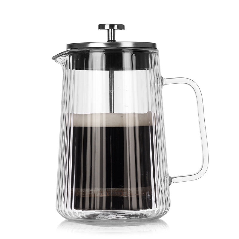 Transparent Elegant Ribbed Double Wall Glass French Press – 1000ml Heat Resistant Coffee and Tea Maker with Stainless Steel Filter