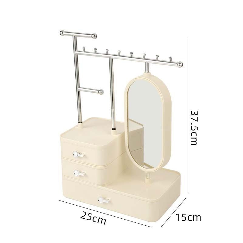 Elegant Cream Color Jewelry Organizer with Mirror – Multi-Layer Storage & Display Stand (25x15x37.5cm)