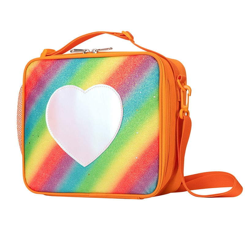 Orange Sparkling Rainbow Heart Insulated Lunch Bag for Kids – Portable School Lunch Box with Shoulder Strap