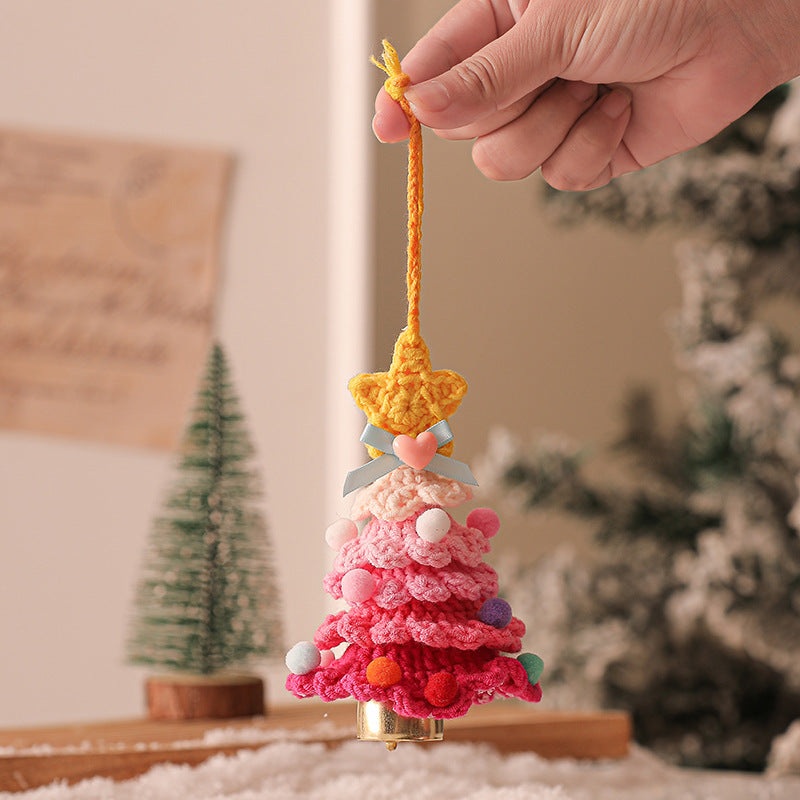 2 Pcs Style A Yellow and Pink Handmade Crochet Christmas Tree Ornament – Festive Hanging Decoration with Jingle Bell