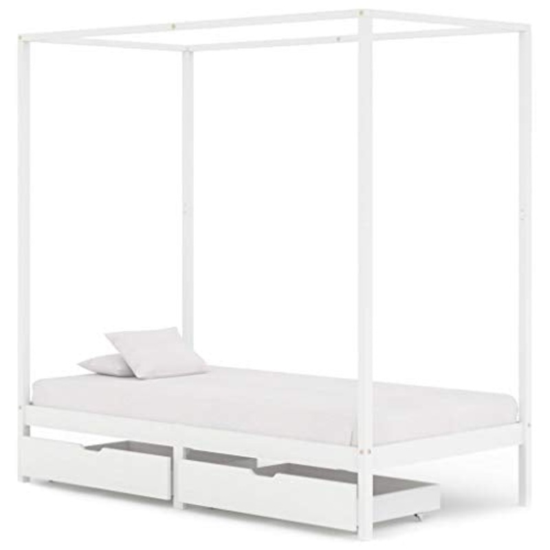 BIGTO – Struttura letto a baldacchino con 2 cassetti in legno di pino massello, mobili per camera da letto, 100 x 200 cm, colore: Bianco