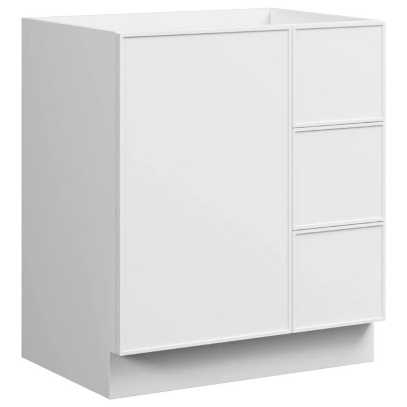 Vanity Natick 30 Inch Floor Standing Center Bowl Drawer on Right White Satin 1 Doors 3 Drawers Dovetail