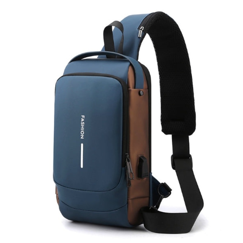 Blue Modern Anti-Theft Sling Bag for Men – Crossbody Backpack with USB Port & Combination Lock