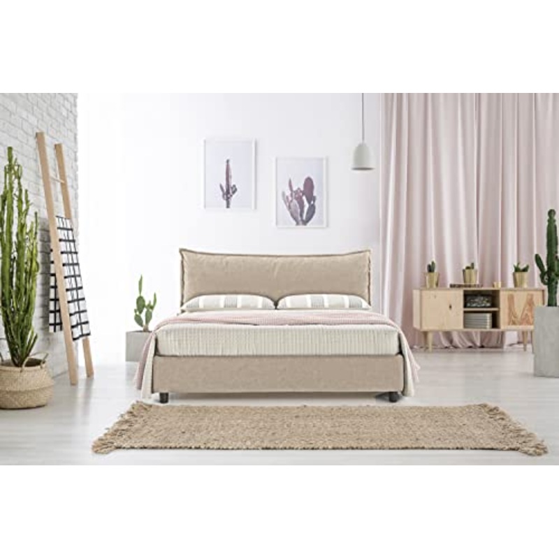 EVERGREENWEB – Letto Matrimoniale con BOX Contenitore + MATERASSO Matrimoniale + Coppia Cuscini Memory Foam INCLUSI + Rete a Doghe in Legno Elegante Testiera Tessuto Imbottito SFODERABILE col. Tortora