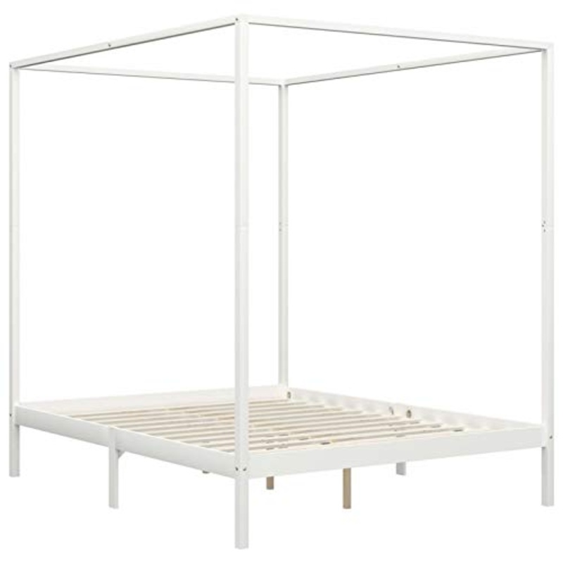 Lasamot Struttura Letto in Legno di Pino con 4 cassetti, Struttura a baldacchino per zanzariera, Staffa per Montante, Adatta per Materasso 160×200 cm (Materasso Non Incluso), Bianca