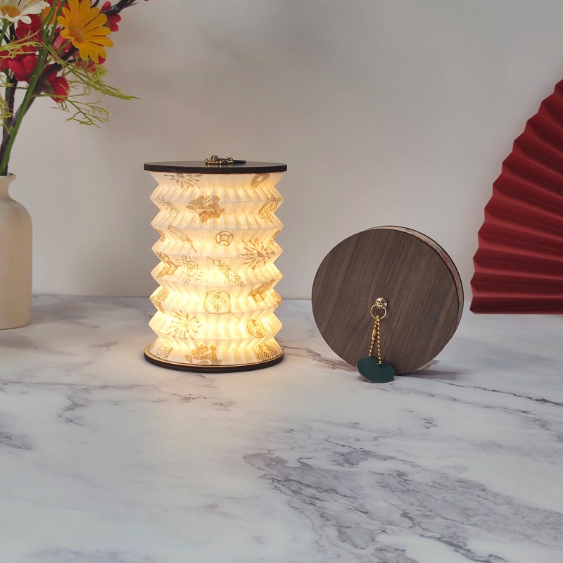 Foldable Telescopic Lantern Lamp – 3 Light Modes, USB Rechargeable, Wood/Paper Finish(Good Luck and Happiness)