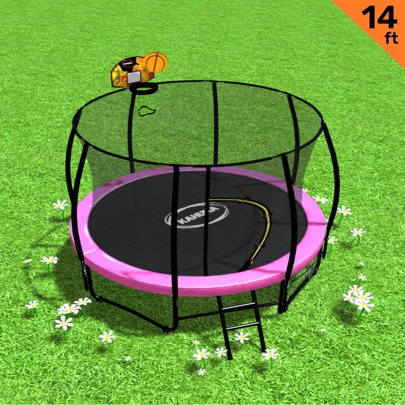 Kahuna 14ft Outdoor Trampoline Kids Children With Safety Enclosure Pad Mat Ladder Basketball Hoop Set – Pink