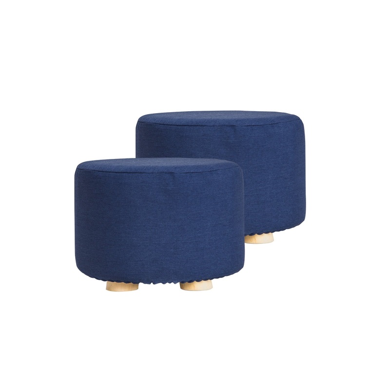 2X Fabric Ottoman Round Wooden Leg Foot Stool – DARK BLUE