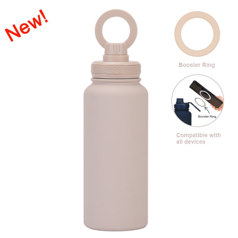 Beige 1L Stainless Steel Water Bottle with Magnetic Phone Holder Lid – Portable Hydration & Hands-Free Stand