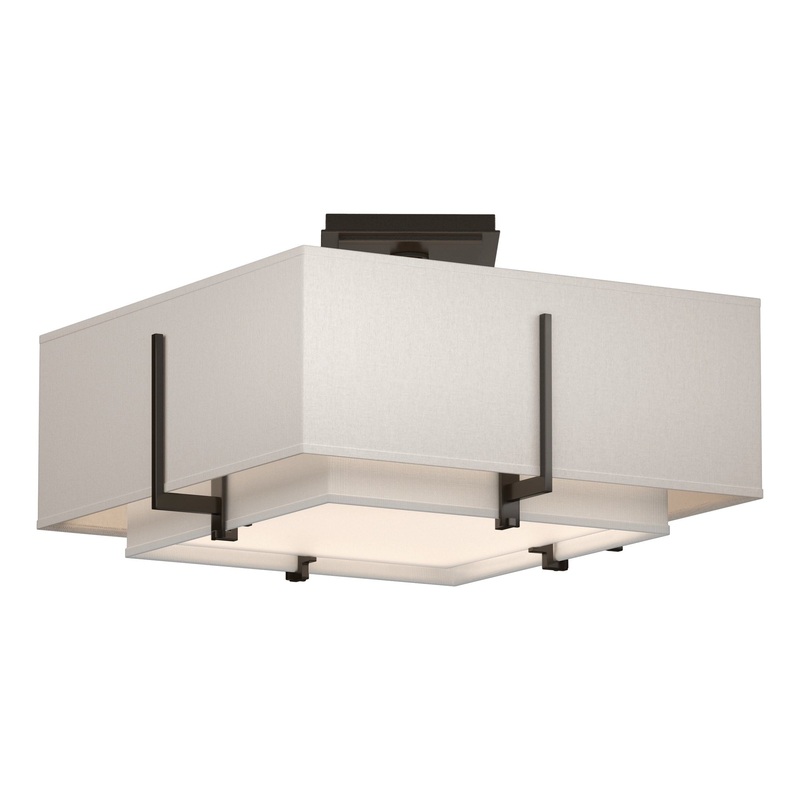 Exos Square Small Double Shade Semi-Flush Oil Rubbed Bronze Natural Anna Inner Shade & Flax Outer Shade
