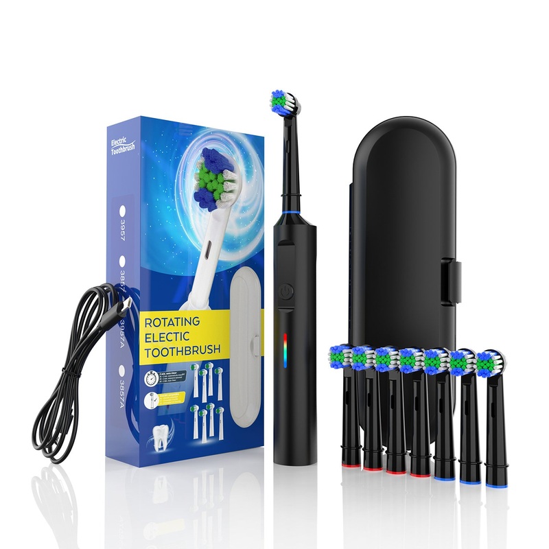 Rotating Electric Toothbrush with 3D Cleaning Action – 3 Modes, IPX7 Waterproof, with Travel Case & 6 Brush Heads(black)