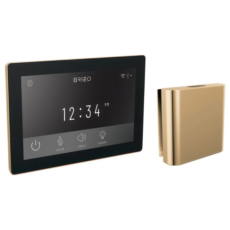 Steam Kit Mystix Lumicoat Polished Gold Transcendent with Digital Interface & Square Steam Head 12 User Presets Built-In WIFI & Bluetooth Capabilities AromaTherapy AudioTherapy & ChromaTherapy Options Patented Dual Sensor Technology