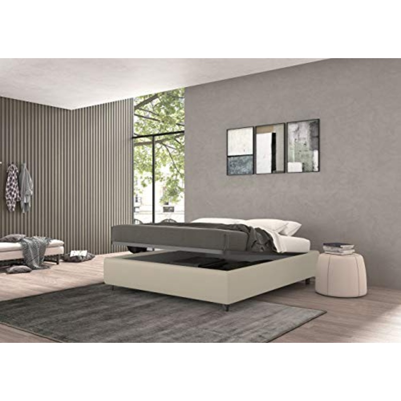 Talamo Italia Letto contenitore piazza e mezza Vivaldi, Made in Italy, Struttura in ecopelle imbottita, Adatto a materasso 120×190 cm, Panna