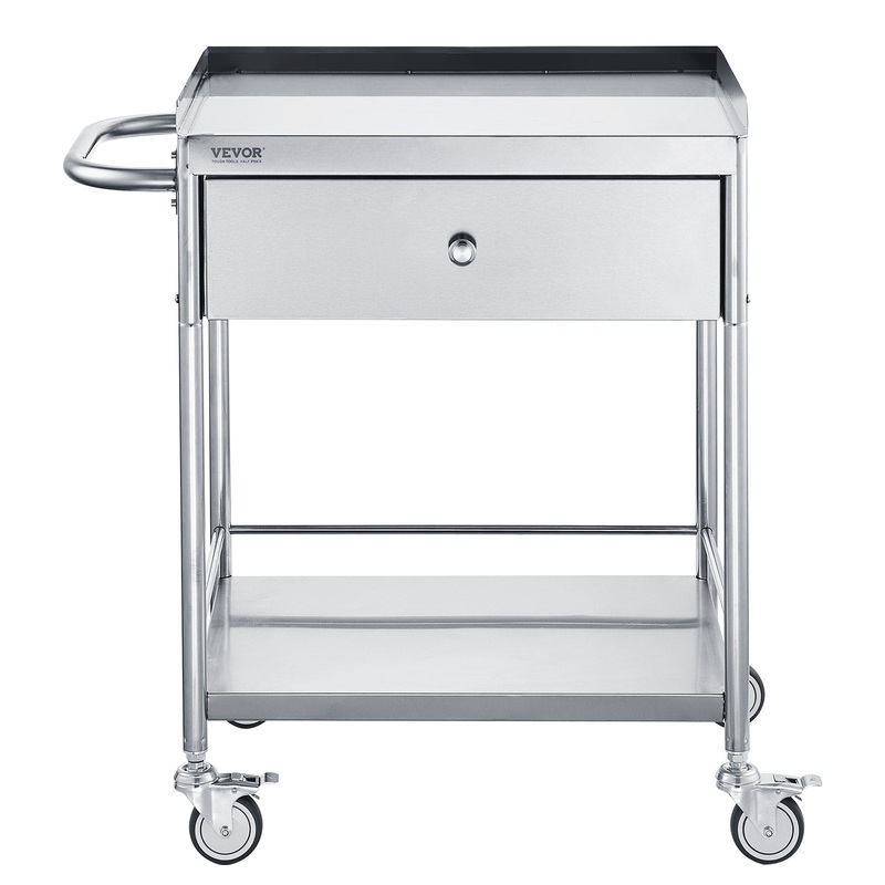 VEVOR Medical Cart, 2 Layer stainless Steel Cart100 kg Weight Capacity Utility Cart Silent Wheels and a Drawer for Lab, Clinic, kitchen, Salon