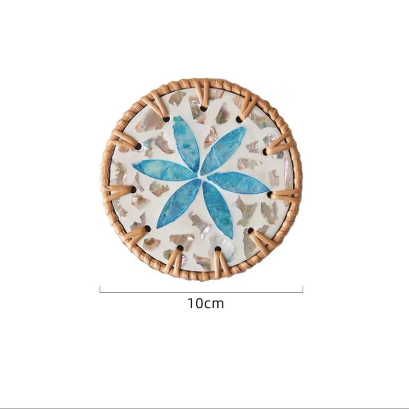 4 Pcs Khaki Background With Blue flower Handcrafted Rattan Coaster with Natural Shell Inlay – Decorative & Heat Insulating Drink Mat