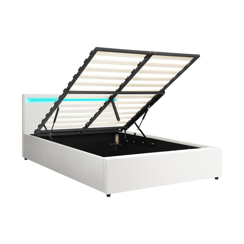 Bed Frame RGB LED Queen Size Gas Lift Storage Base White