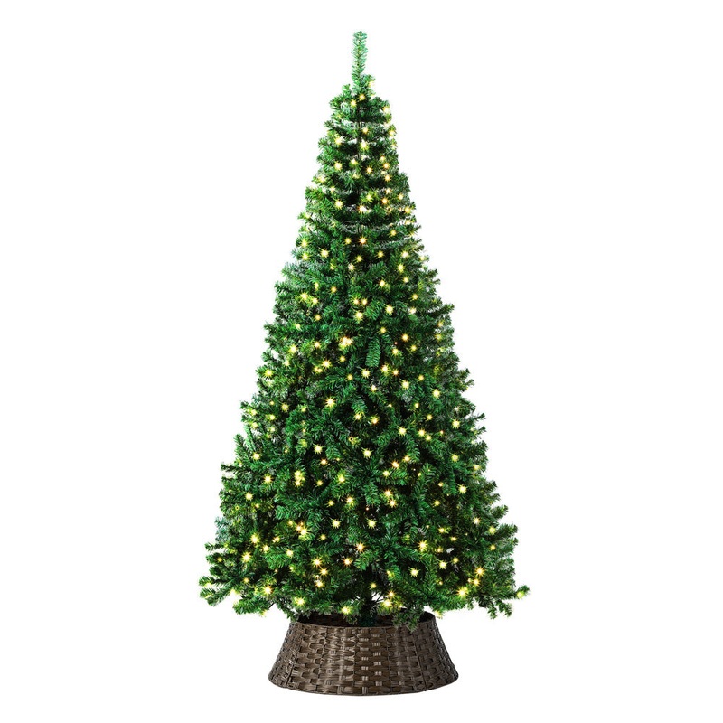 Tinseltown LED Christmas Tree 1.8M 6FT with Rattan Tree Skirt Warm Light Green