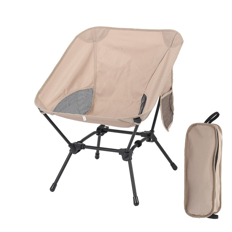 Khaki Lightweight Portable Camping Chair – Adjustable Height Folding Moon Chair with Breathable Mesh & Carry Bag for Outdoor, Beach, Fishing