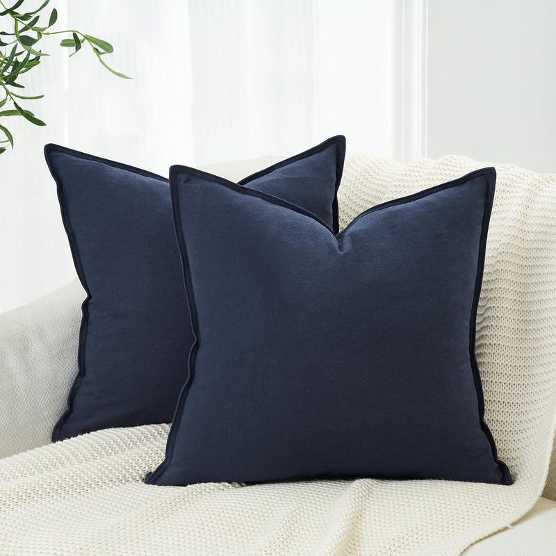 Linen Cushion Covers – 30% Linen 70% Cotton Blend, Soft & Breathable with Hidden Zipper Design – Navy Blue, 45cm x 45cm (Twin Pack)