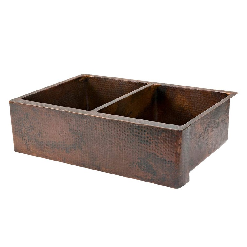 Premier Copper Products KA50DB33229 33-Inch Hammered Copper Kitchen Apron 50/50 Double Basin Sink, Oil Rubbed Bronze
