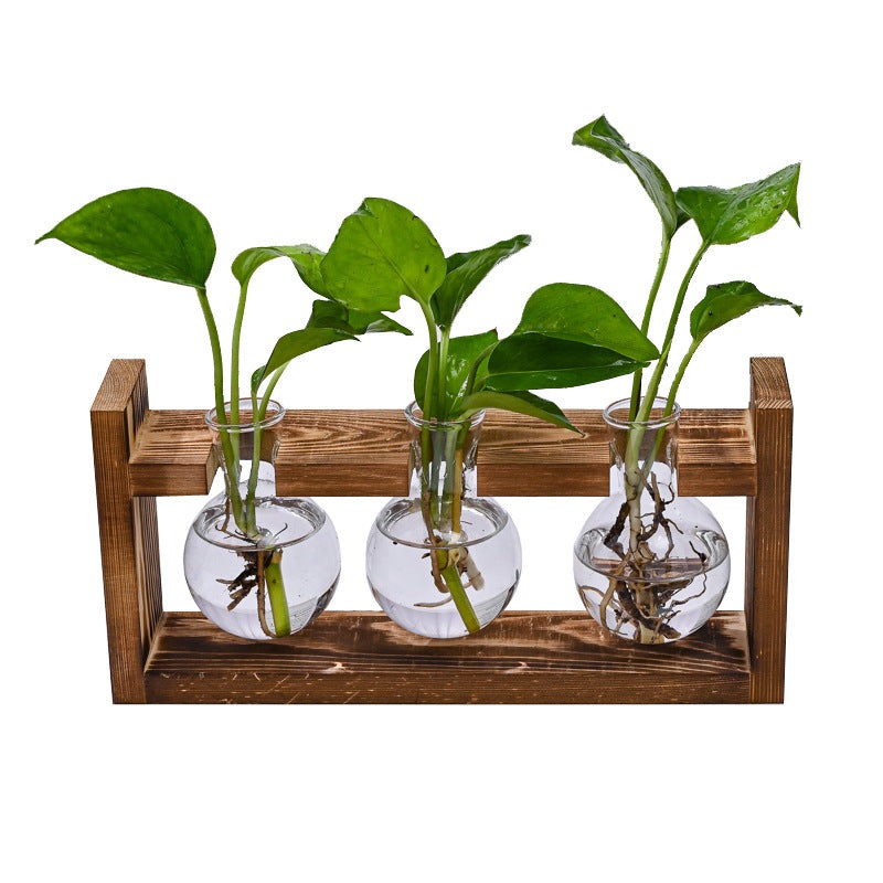 Brown Desktop Plant Propagation Station – Rustic Wooden Stand with 3 Glass Bulb Vases for Hydroponics & Cuttings