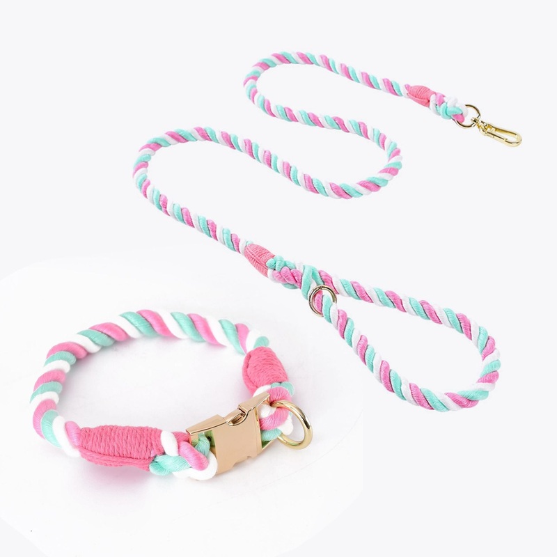 Handmade Gradient Rope Dog Collar & Leash Set – Colorful Braided Cotton (Pink – Size S)