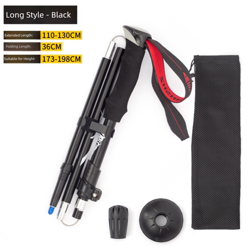 Long Black Ultralight Foldable Hiking Pole – Adjustable Aluminium Trekking Stick with EVA Grip for Outdoor Walking & Climbing