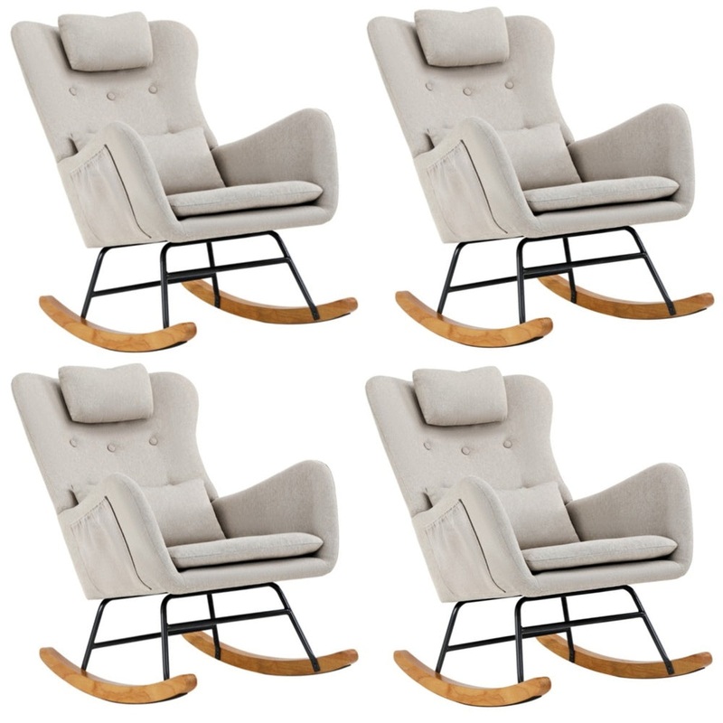 4x Rocking Chair Nursing Armchair Linen 2 Pillow Beige