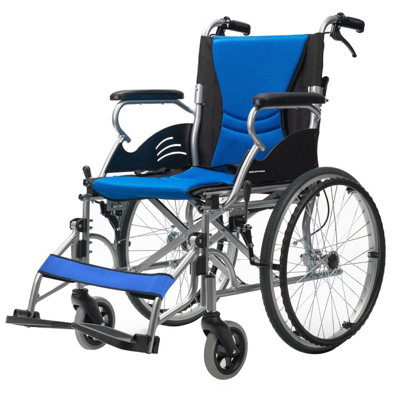 EQUIPMED Folding Aluminium Wheelchair, 20″ Wheels, Park Brakes, 100kg Capacity, Blue
