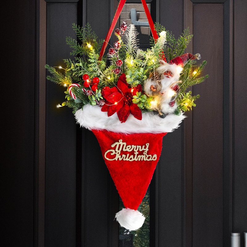 Illuminated Santa Hat Door Hanger with Holiday Greenery & Berries – Christmas Wall Decor(red)