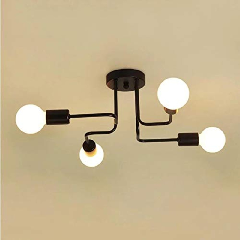 Vintage Lampadario, Nero Industriale Lampada a Sospensione, 4 Luci Base E27 LED Plafoniera in Metallo, Lampada da Soffitto Moderno per Soggiorno Camera da Letto Cucina