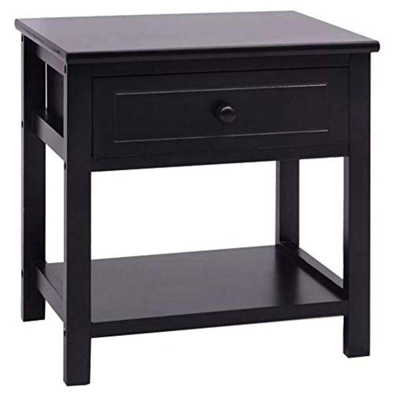 Wakects – Comodino nero con ripiano e cassetto, tavolo da notte in legno, elegante e robusto, per camera da letto, 40 x 29 x 42 cm