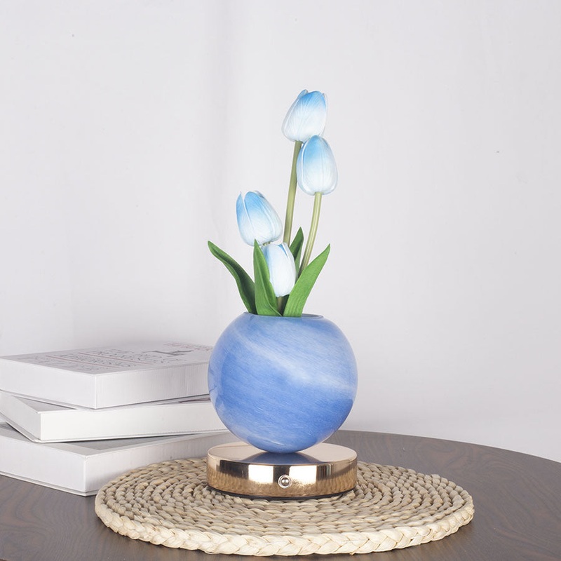 Blue Tulip Night Light with Realistic Bouquet – Dreamy Planet LED Mood Lamp for Bedroom Decor with 3-Color Touch Dimming