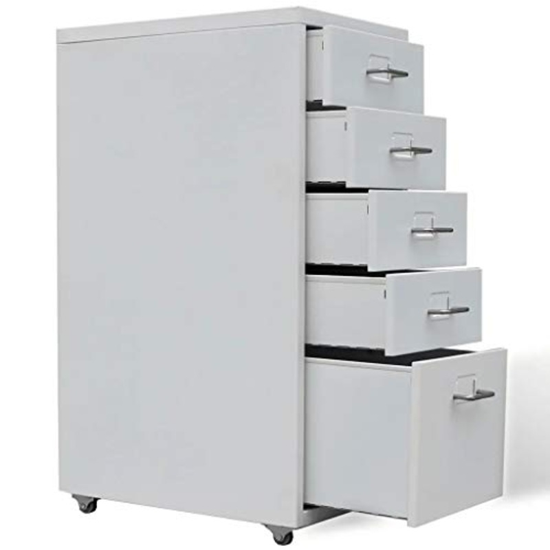 Cassettiere in Acciaio per Ufficio, Mobile, Comodino, Armadietto con 5 Cassetti, 4 rotelle, 28 x 41 x 68,5 cm