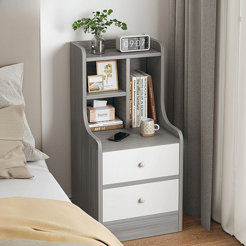 Minimalist Nightstand Light Gray Wood Grain White Fronts Curved Design Drawers
