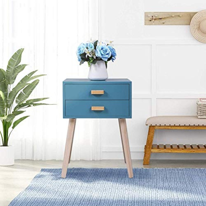 YRRA Nightstand 2 cassetti Comodino in Legno Comodino Armadio di stoccaggio Stile Moderno Mid-Century per Camera da Letto Soggiorno Ufficio 24,8″h tavolino Accento (Azzurro)
