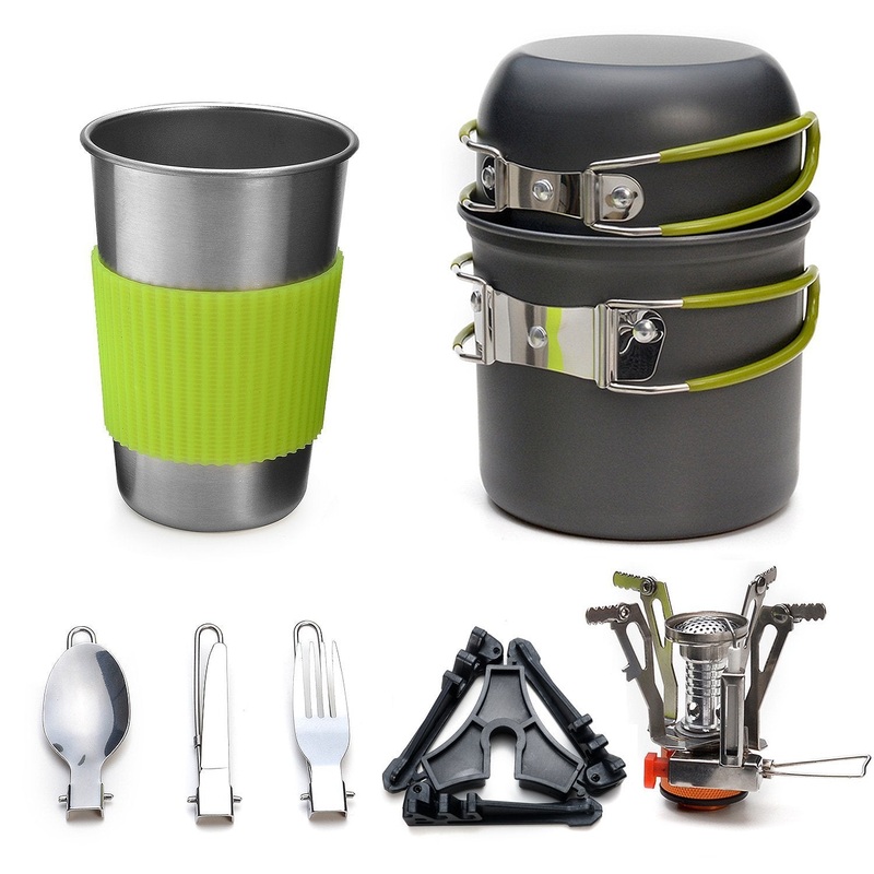 Complete Camping Cookware Set – Portable Pots, Cup, Spork, and Stove for Outdoor Adventures