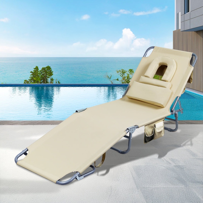 Levede Foldable Beach Lounge Chairs with Face Hole Khaki