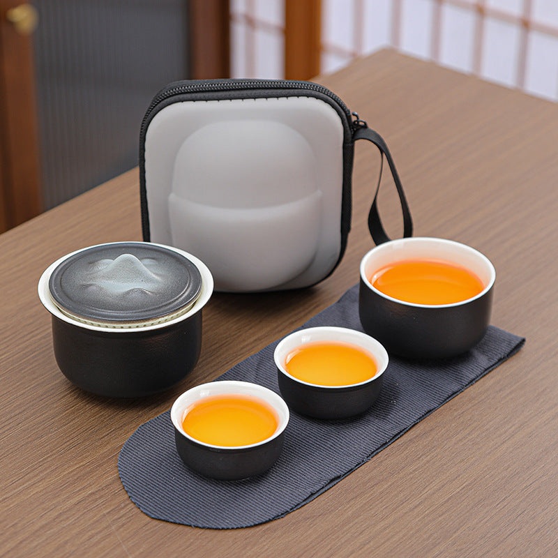 Portable Ceramic Tea Set for Travel – Quick Gaiwan with 3 Cups & Carrying Case(black)