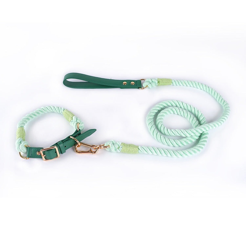 Premium Leather Pet Collar and Leash – Soft, Strong Braided Rope (Green – Size L)